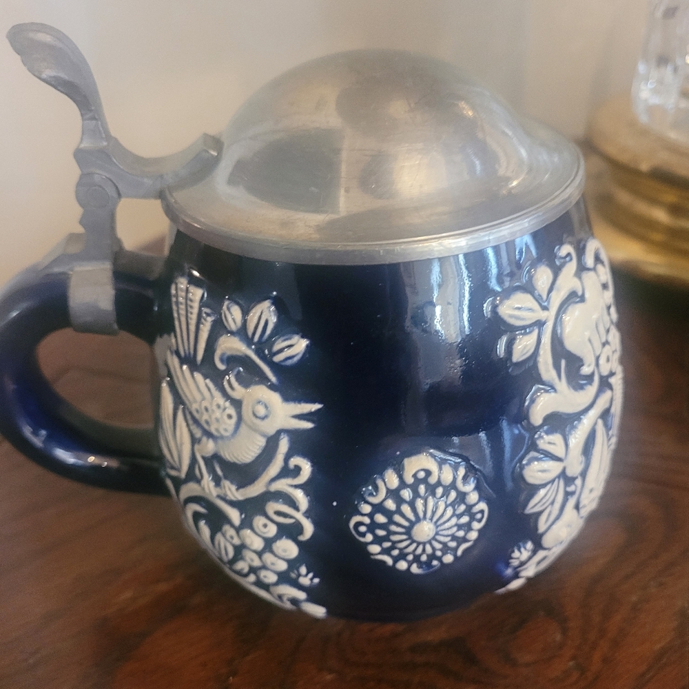 German Beer Stein Cobalt Blue Glazed with White Flowers and Birds Pewter Lid